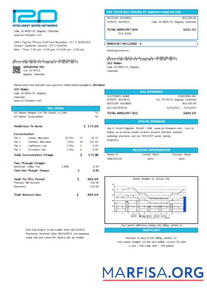 Blank i2O Water (Colombia) utility business bill, SCR download for verification